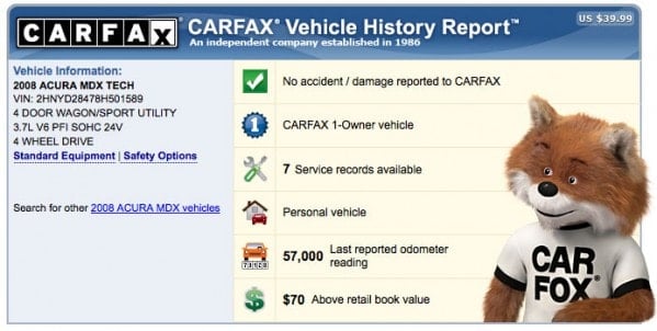 Example of a carfax vehicle history report