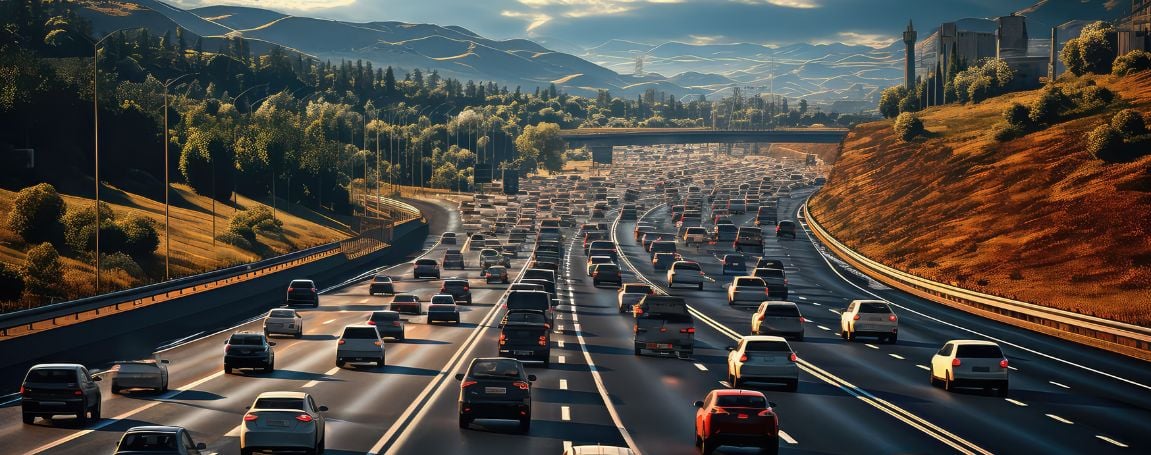 Heavy traffic on a multi-lane highway surrounded by trees
