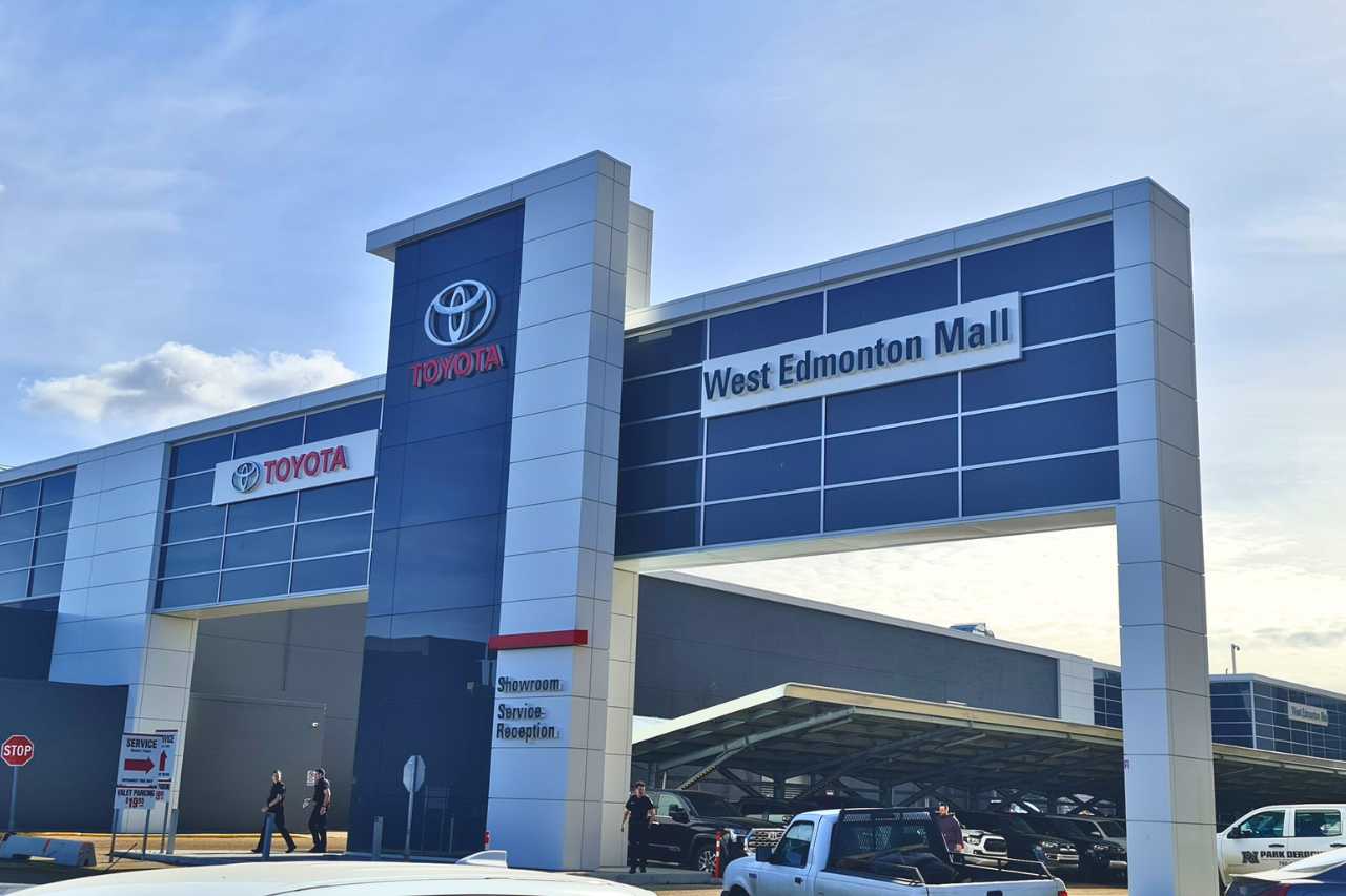 The exterior of the West Edmonton Mall Toyota dealership service area.