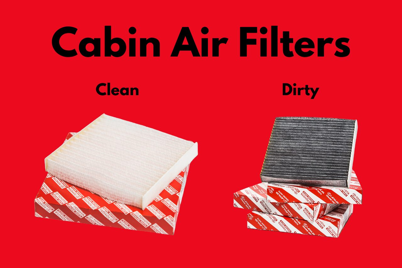 A comparison of a clean and dirty cabin air filter from Toyota.