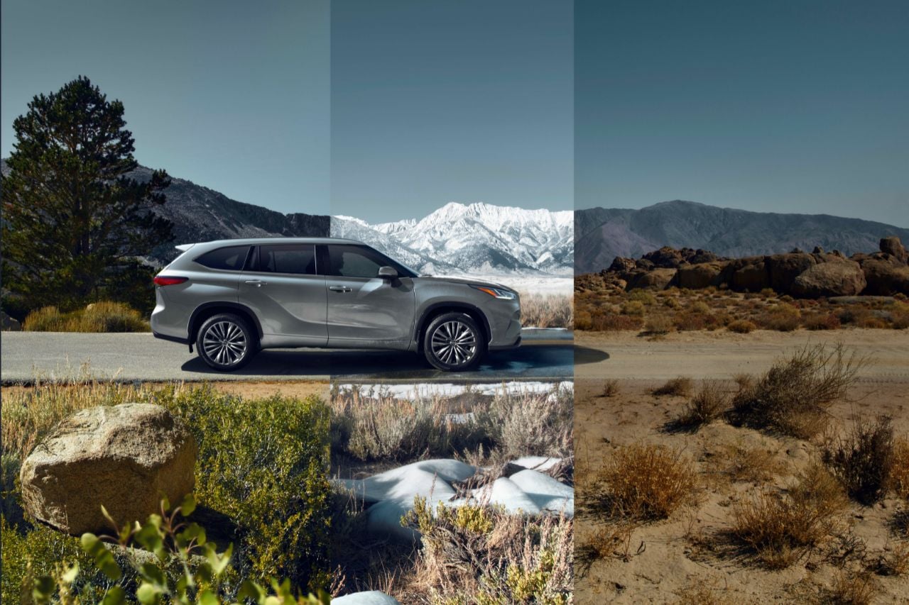 A Toyota Highlander vehicle in silver driving down different terrain roads, demonstrating AWD capabilities.