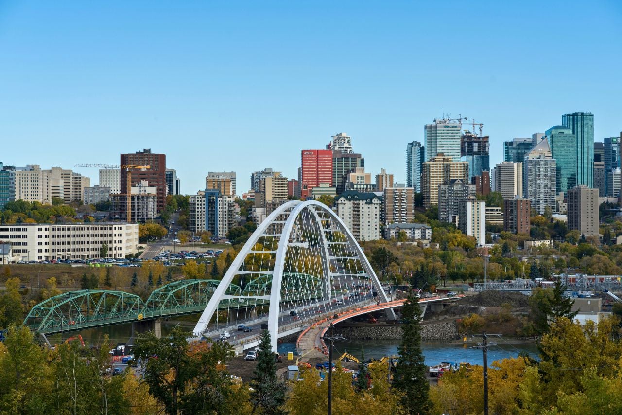 A birds eye view of downtown Edmonton, and the river valley.
