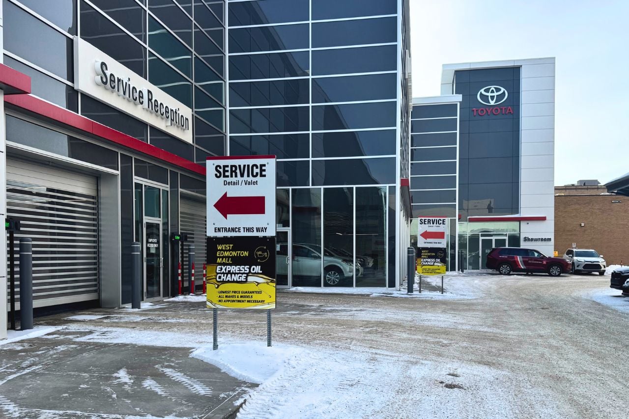 The exterior of West Edmonton Mall Toyota, showcasing the Express Oil Change signs.