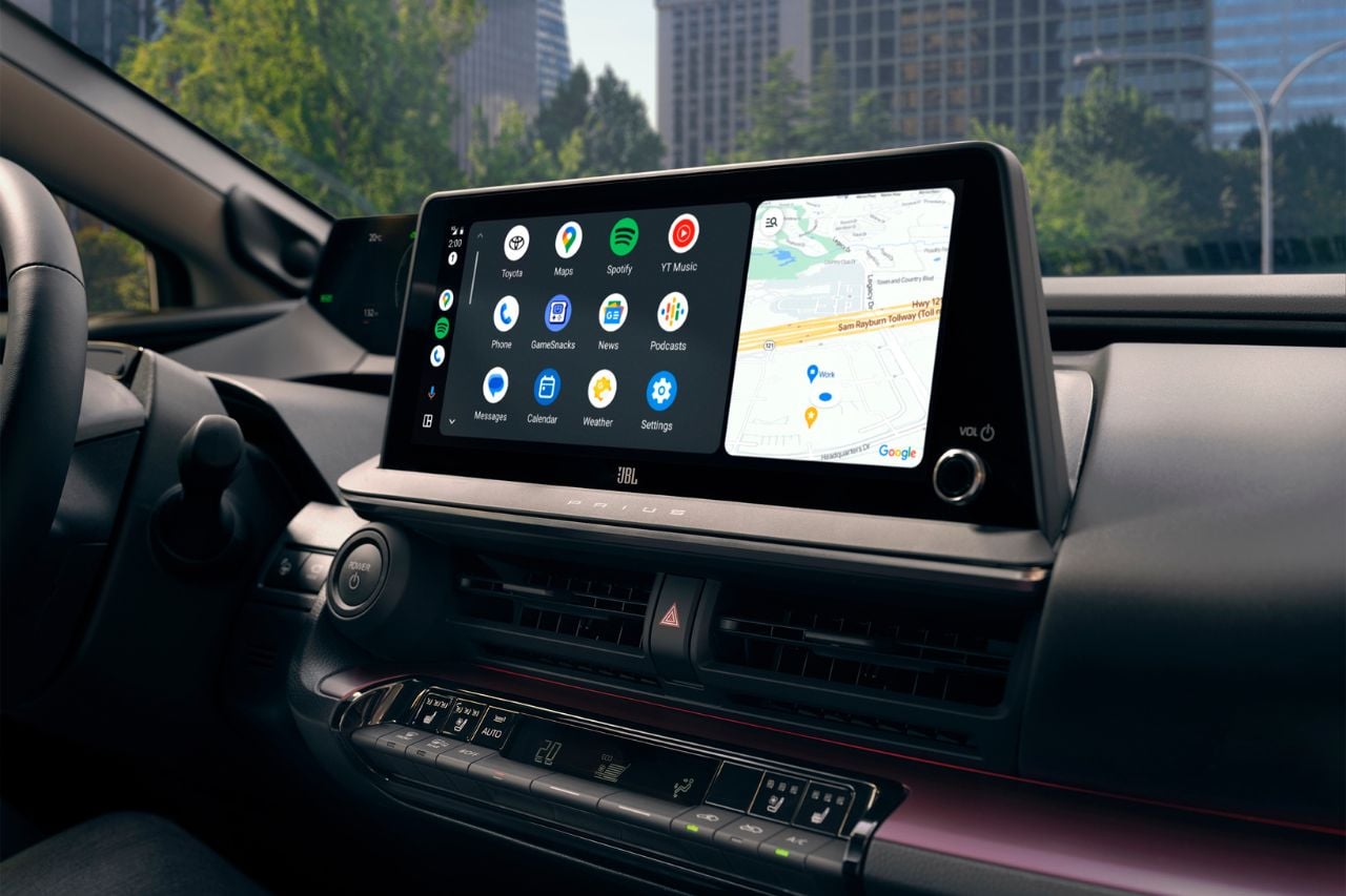 A close-up look at the touchscreen multimedia screen in the Toyota Prius, connected to wireless Android Auto.