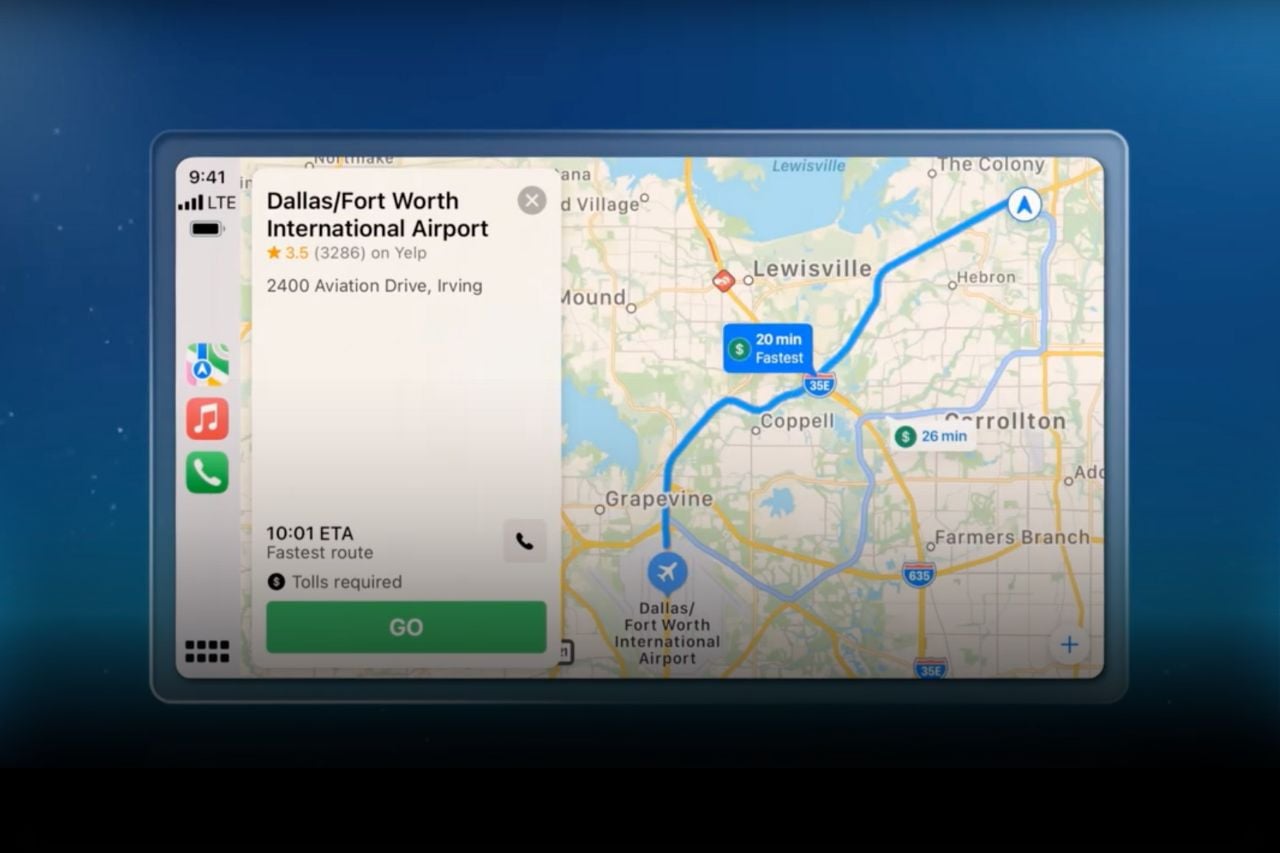 A screenshot of a Google maps route on a Toyota vehicle multimedia system using Wireless Apple CarPlay.
