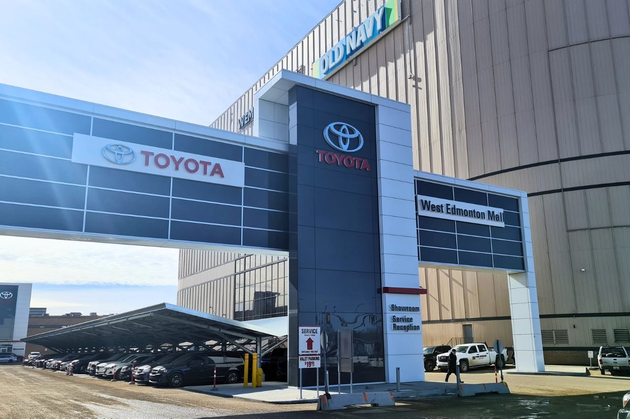 The exterior of the West Edmonton Mall Toyota car dealership in Edmonton, Alberta.