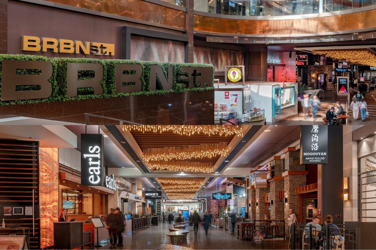 The interior view of BRBN St, a strip in the mall with multiple sit-down restaurants like Earls, Moxie's, Round 1, and The Old Spaghetti Factory.