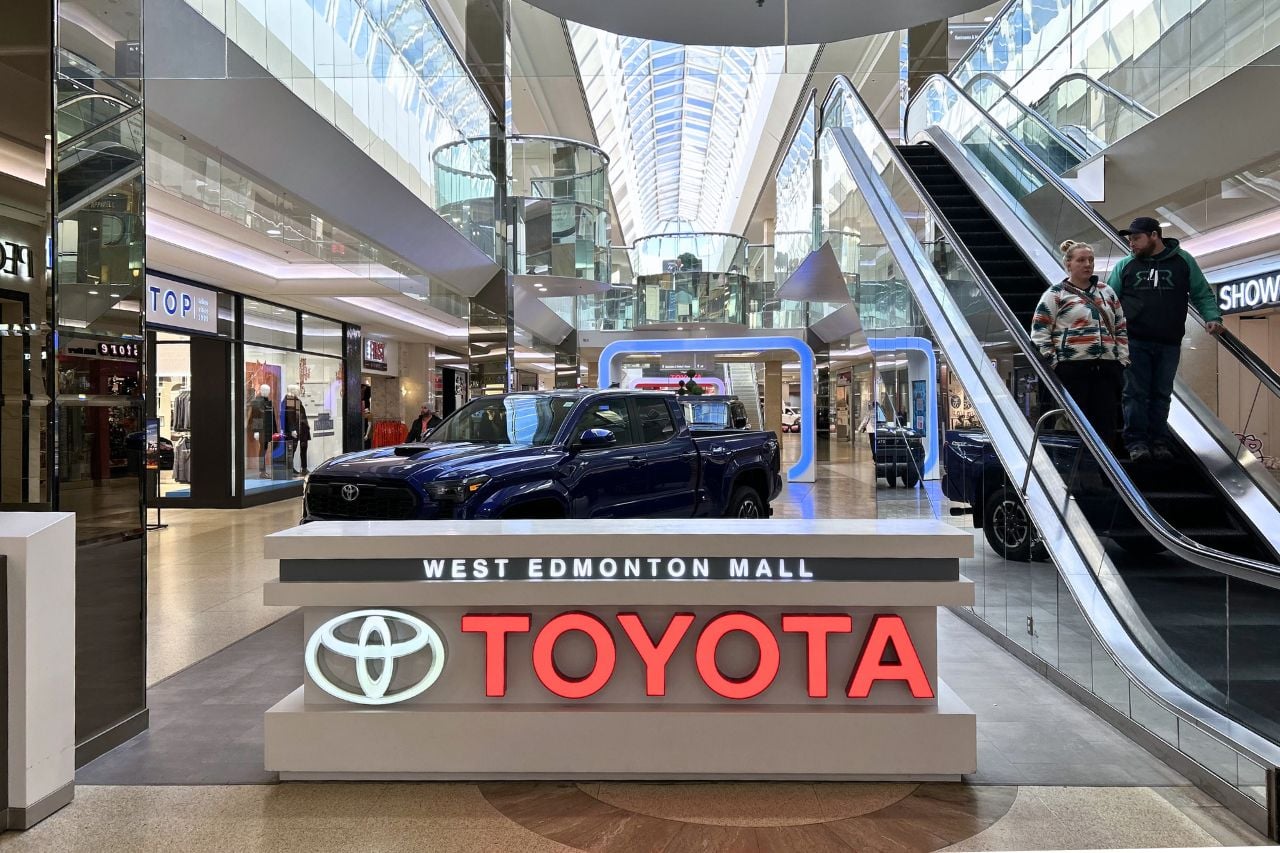 West Edmonton Mall Toyota is a full-service dealership inside the mall, with the largest Toyota service department in Canada. Here is one of the signs and vehicle models inside the mall.