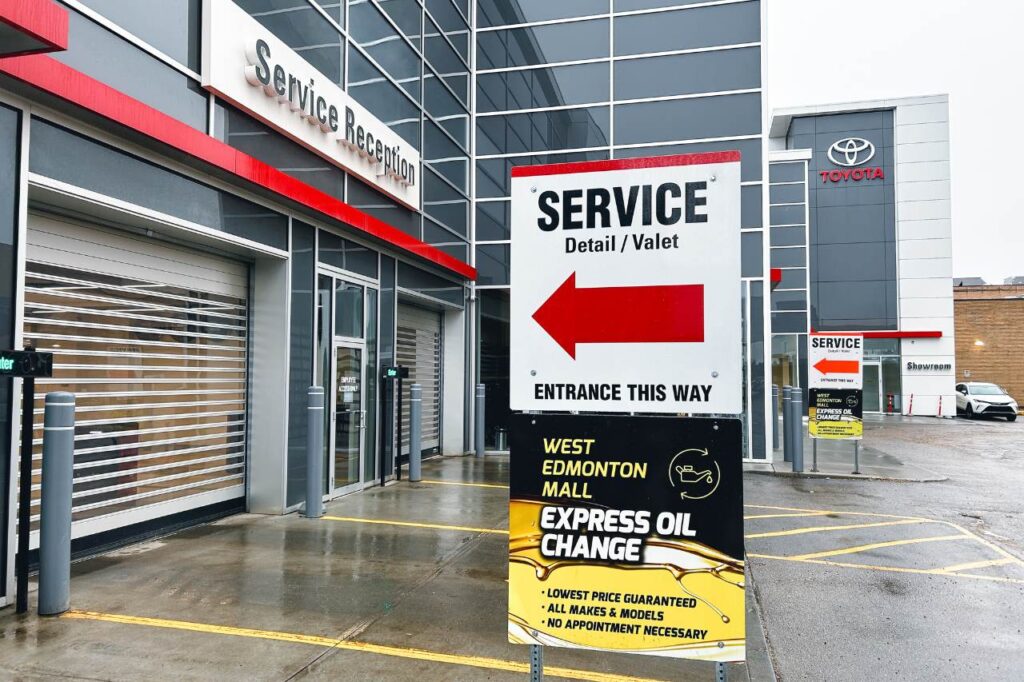 The exterior of the West Edmonton Mall Toyota Service Department. You drive in these service bay doors to access the Parts Drive-Thru.