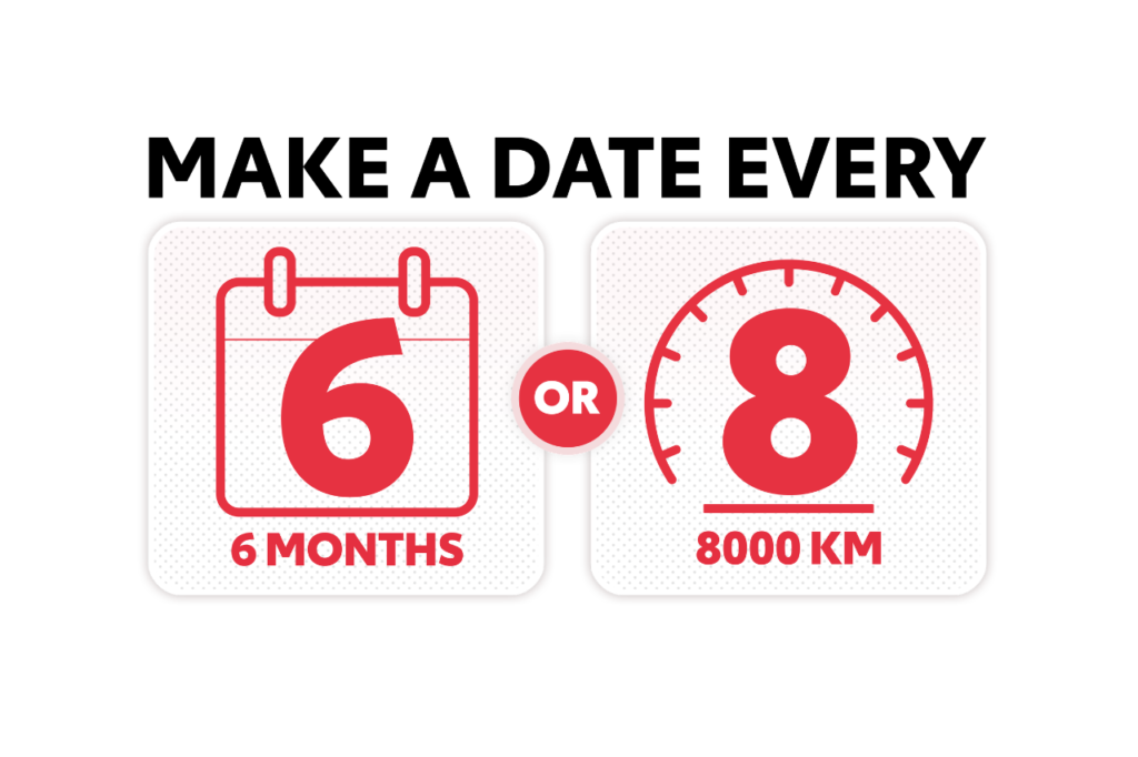 Summer Car Maintenance Tips to Keep You on the Road-1 A Toyota Canada graphic that says "6 months or 8,000km" for the Toyota Canada oil change maintenance schedule reminder.
