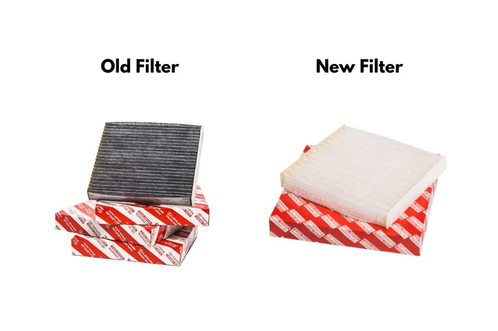 Summer Car Maintenance Tips to Keep You on the Road-4 A side-by-side comparison of a dirty and clean cabin air filter from Toyota.