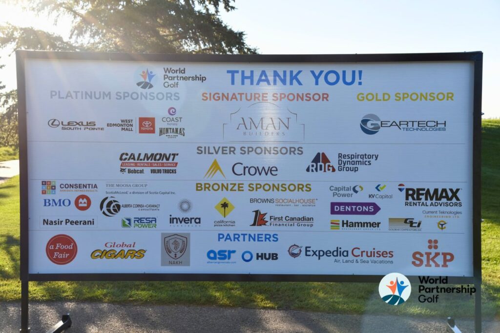 WEM Toyota at World Partnership Golf Edmonton 2026-1 A sign of the sponsors for the World Partnership Golf Tournament in Edmonton, 2026. West Edmonton Mall Toyota is listed as a Platinum sponsor.